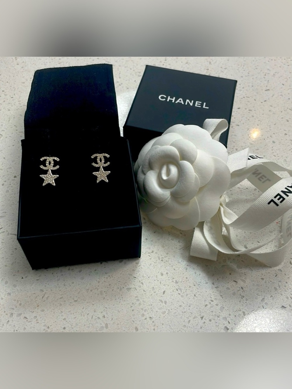 CHANEL Silver Crystal CC Star Drop Earrings ✨